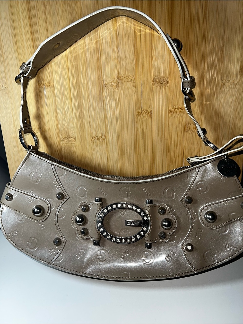 GUESS Metallic Taupe Shoulder Bag with Crystal-Embellished Logo